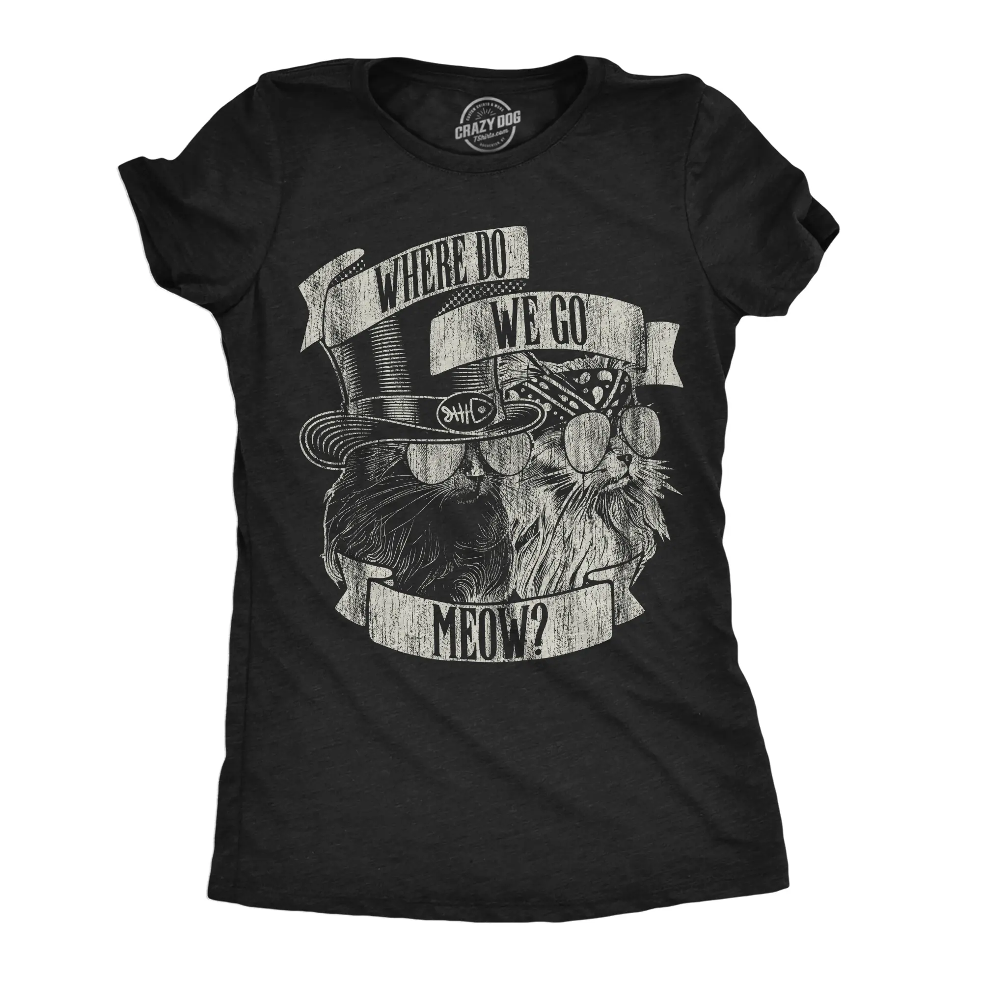 Womens Where Do We Go Meow Funny T Shirt Sarcastic Cat Graphic Tee for Ladies Funny Womens T Shirts Cute Vintage Fashion Casual Ladies T-Shirt Gift Music Tops for Women Funny Cat Top Women's Novelty Tees Black -