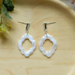 Marbled Open-Hoop Earrings – Handmade Translucent Polymer Clay with Resin Finish – Lightweight Scalloped Statement Earrings – Crystal Baguette Studs, Gold or Silver Posts – Elegant, Hypoallergenic, Bridal, Gift for Her, Modern Boho Jewelry