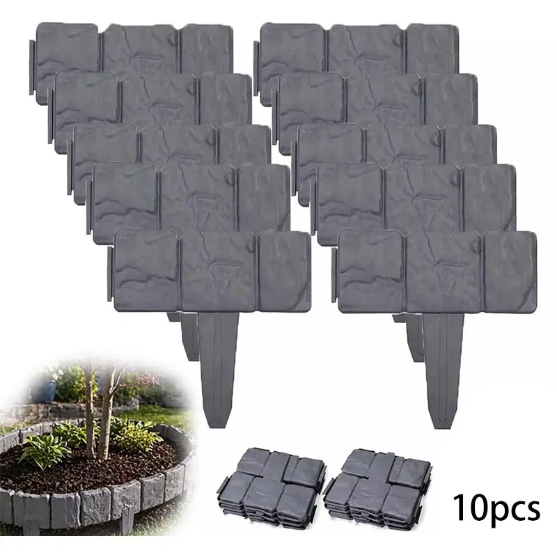 Imitation Stone Garden Fence Plastic Edge Border, River Rock Effect Landscape Decor, Interlocking Panels for Flower Beds, Paths, Lawns, Outdoor Pots, Courtyard Edging