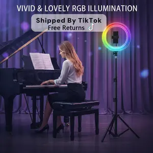 10 Inch RGB Selfie Light with 110cm Stand -Complete Studio Setup for Perfect Makeup, YouTube Videos, and Professional Live Streaming Sessions. #zoom call ulan tripod a rodeluz ring with tripod ring glow youtube tiktok video light #Mother's Day Gift