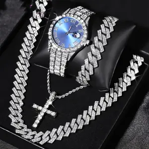 Luxury Punk Style Unisex Watch Jewelry Set, Adjustable Strap Quartz Watch with Cross Pendant Necklace and Bracelet, All Seasons Daily Wear Accessories