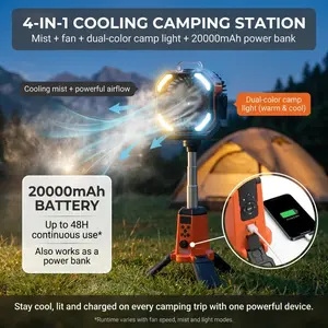 20000mAh Portable Camping Fan with Misting & LED Lantern – Dual Motor, Aromatherapy Box, Solar Charging, Remote Control, Stepless Speed, 360° Rotation, USB/Type-C Fast Charging, Stand or Hang for Outdoor Travel