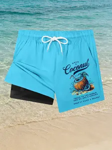 Coconut Print 2 in 1 Beach Shorts for Men, Summer Casual Board Shorts with Phone Pocket and Side Pockets, Quick Dry Swim Shorts Swim Trunks Drawstring Elastic Waistband Swimwear Swimsuit Bathing Suit