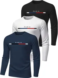 Men's Long Sleeve T-Shirt Set, Breathable Polyester Fabric, Paris Print Design, Casual, Sporty, Regular Fit, Suitable for All Seasons, Fitted, Activewear T Shirt, Gym Tees