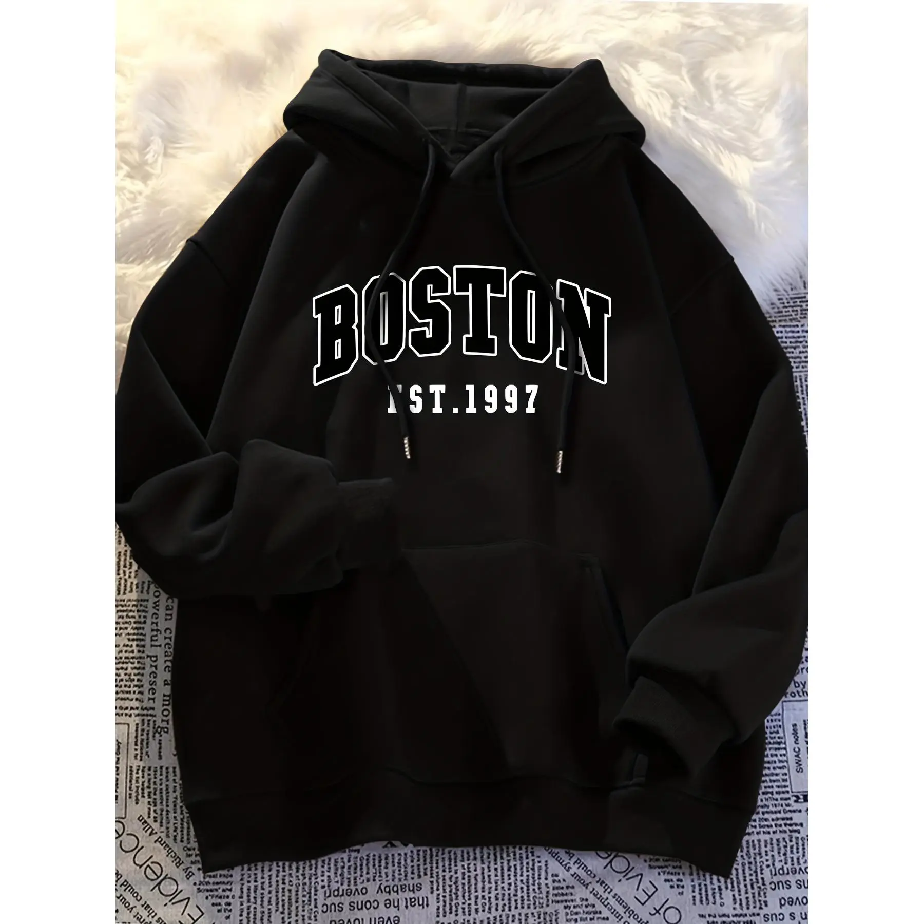 Men's Boston Letter & Geometric Print Knit Hooded Sweatshirt - Menswear Tops, Casual Long Sleeve Pullover, Regular Fit, Elastane Slight Stretch, Spring/Fall Wear