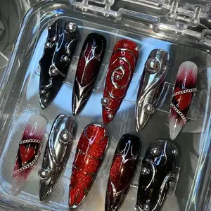 Handmade Red & Black Stiletto Press On Nails Chrome Silver Heart JAVIOO