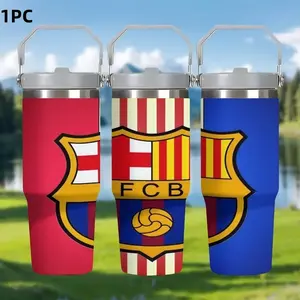 1pc 30oz Blue Color Barcelona Fcb Team Logo Portable Insulated Cup with Straw & Handle, Perfect Gift for Football Fans, Drinkware