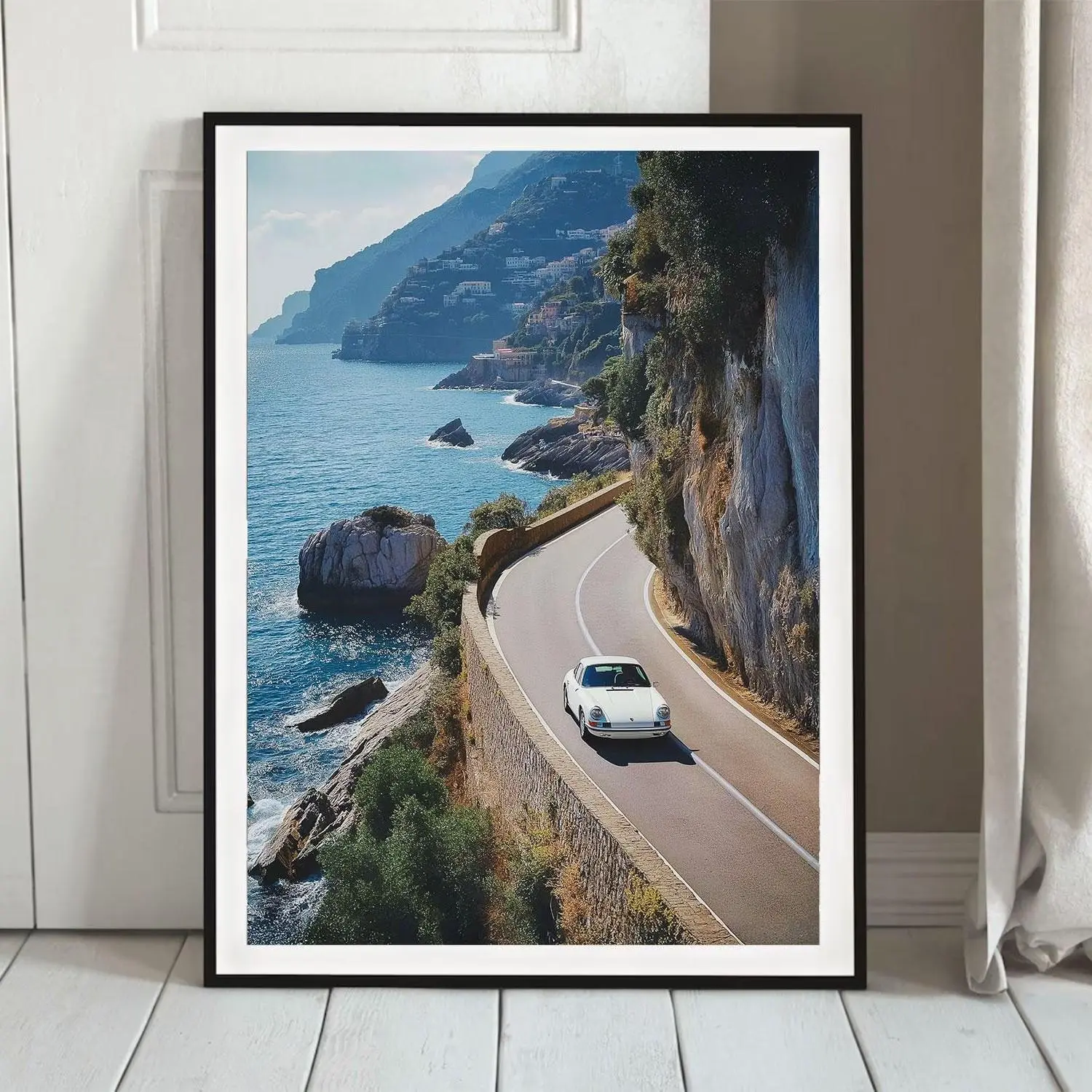 Amalfi Coast White Porsche Wall Art Luxury Car Italy Seaside Mediterranean Landscape Photography Print Italian Riviera Trendy Blue Poster