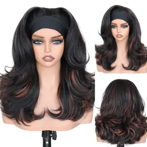 Layered Blowout Headband Wig Wear & Go Glueless Lace Silk Heandband Synthetic Hair Wig Body Wave 18Inch Easy Install for Women Beginners Daily Use