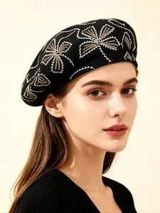 French Embroidered Texture Bow Small Sequin Beret, Elegant Versatile Fashion Painter Hat, Perfect for Outdoor