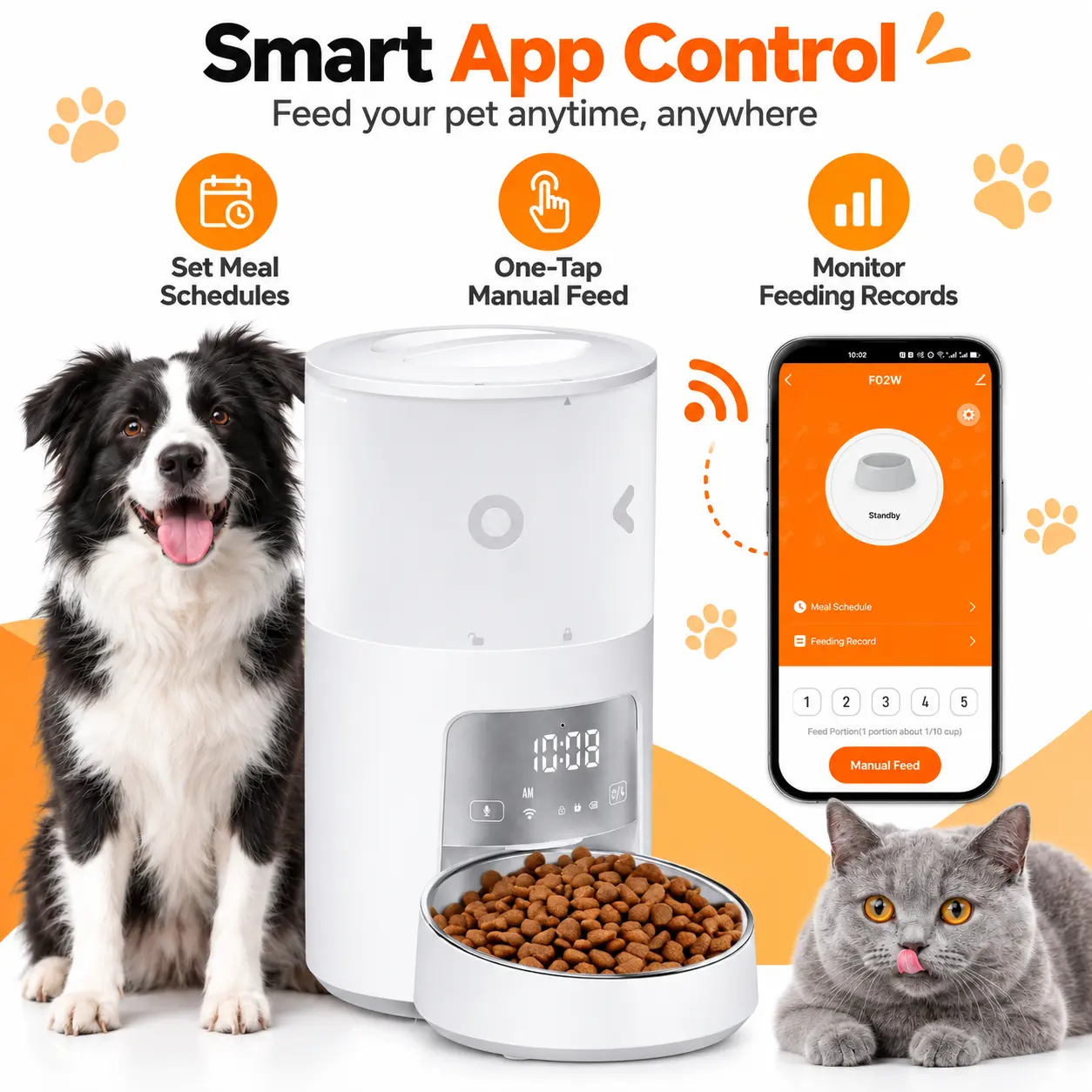 4L Smart Automatic Pet Feeder for Cats & Dogs, WiFi App Control, Scheduled Meals, Adjustable Portion Control, Anti-Jam Food Dispenser
