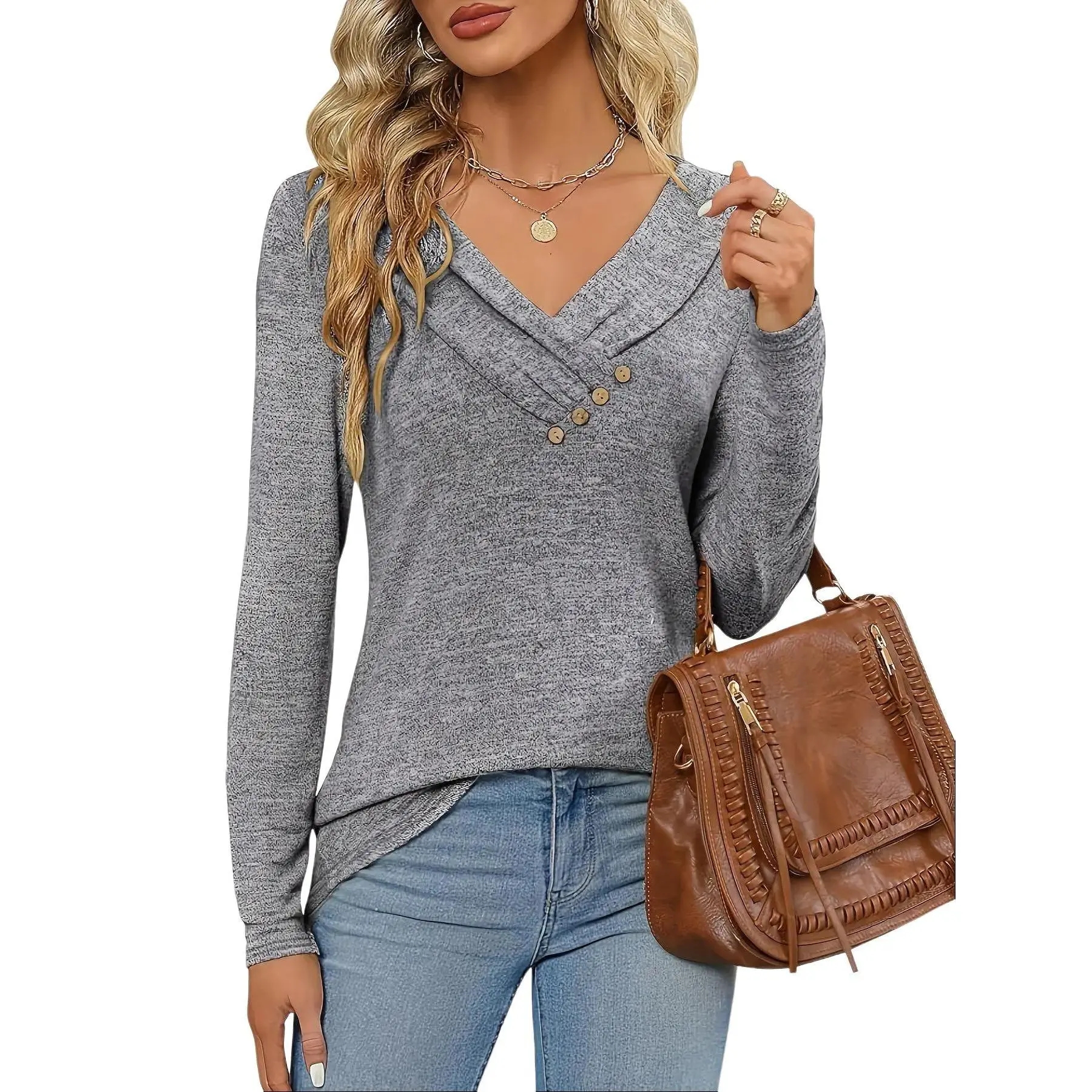 Aswulk Women's Spring Long Sleeve Tunic Tops for Leggings V Neck Button Casual Blouse Sweatshirt in Soft Grey
