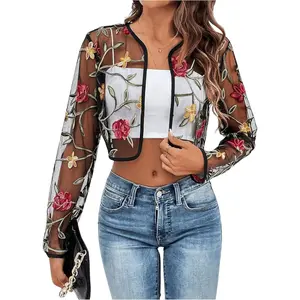 Women's Floral Embroidered Open Front Crop Jackets Long Sleeve Mesh Summer Cardigan Tops for Evening Dress