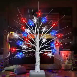 18 Inch 4th of July Patriotic Decorations Tree Light with 24 LED Red White Blue Star Lights, USB/Battery Operated Fourth of July Independence Day Lighted Tree for Home Table Party Decor