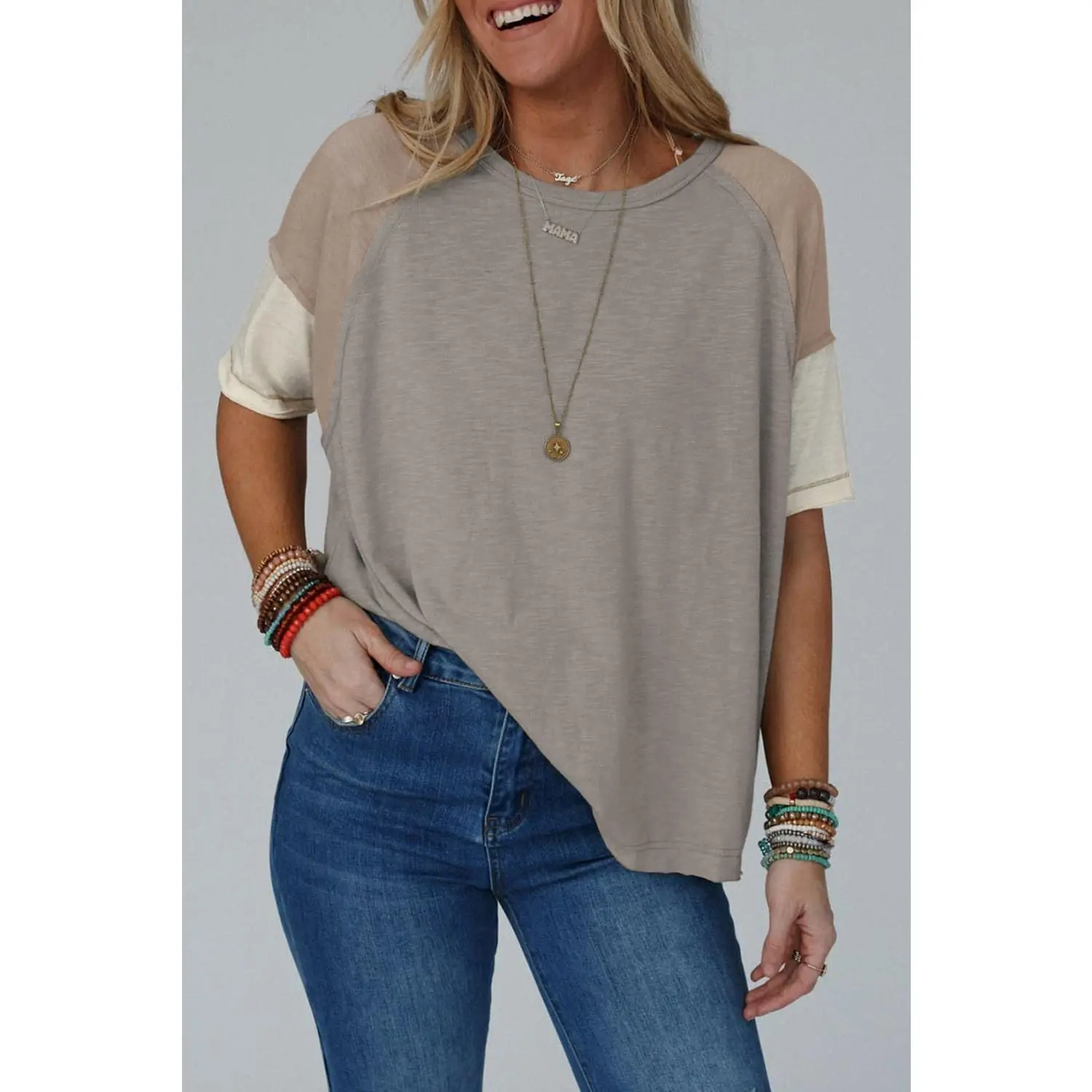 Simply Taupe Exposed Seam Colorblock Loose Tee