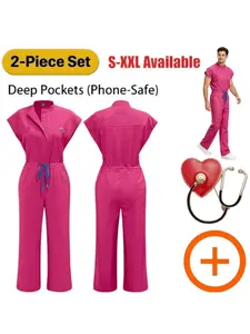 Men's Pet Hospital Frosted Jumpsuit with Frosted Short Sleeved Jumpsuit Adjustable Waist Suitable for Hospitals and Pharmacies with Brooch