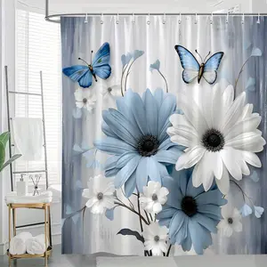 Blue And White Floral Butterfly Shower Curtain Featuring a Sophisticated Nature Theme with Bright Flowers Set Against a Soft Gray Backdrop, with Hooks, Polyester Fabric