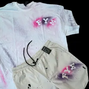 FYE Spray Painted T-Shirt & Shorts Set - White Tee with Pink & Purple Splatter Design - Comfortable Fit for Casual Wear