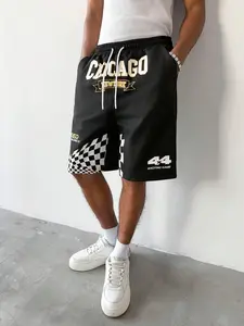 Men’s letter-print knit drawstring shorts, American retro racing style, loose fit men’s straight-leg shorts, breathable and wear-resistant fabric, a perfect choice for summer outings, fashionable men’s athletic shorts