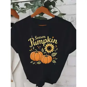 Women'S Pumpkin & Sunflower Fall Harvest T-Shirt - Casual Round Neck Short Sleeve with "Pumpkin Season" Lettering & Autumn Leaf Design - All-Season Comfortable Casual Attire for Thanksgiving, Halloween, Farm Visits - Cozy Fall Out