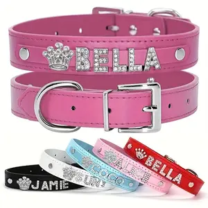 [Rhinestone Dog Collar] Rhinestone Faux Leather Personalized Dog Collar | ID Collars for Small Medium and Large Dogs with Heart Star Shaped Accessory