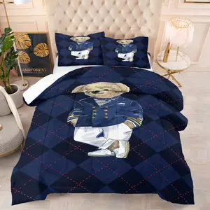 College style Teddy Bear print bedding set, including 1 blanket and 1 or 2 pillowcases without pillowcases, soft adult bedroom decoration gift