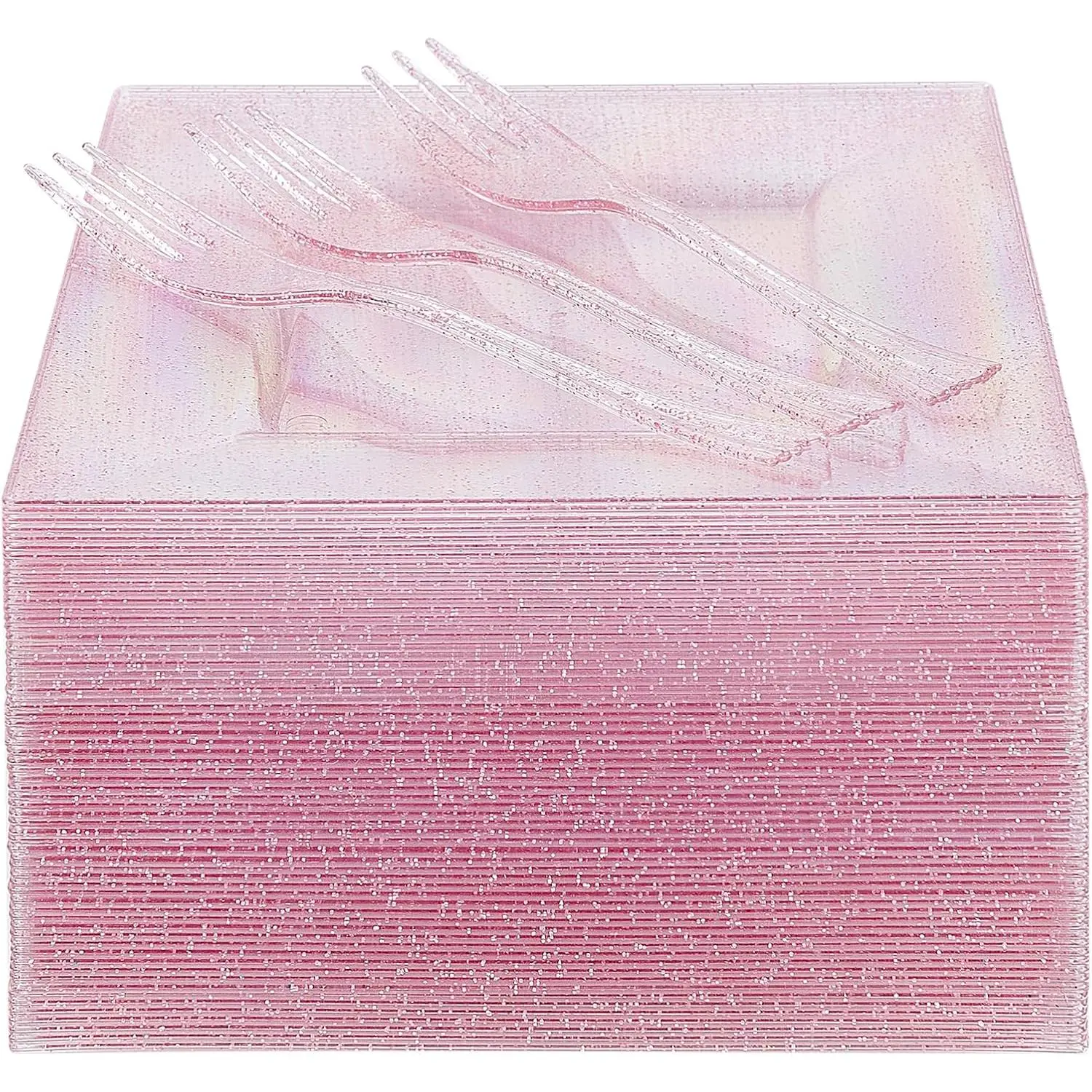 100Pcs Pink Disposable Tableware Set - 50 Glitter Square Dessert/Appetizer Plates, 50 Plastic Forks for Wedding, Christmas, Business Events, Mother's Day Cake Serving
