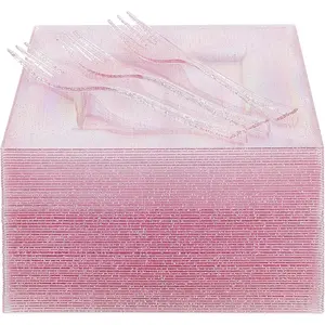 100Pcs Pink Dessert Plates with Forks Including 50Pcs Appetizer Plates,50Pcs Plastic Forks,Glitter Square Plate pink Disposable plates for Wedding,Plastic Cake Plate for Mother's Day Party