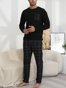 Men's Two-Piece Home Set, Spring & Fall Winter Sleepwear, Round Neck Casual Comfortable Long Sleeve Pants, Plaid Print