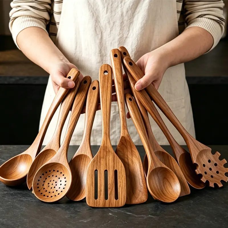 GINETARR 10-piece set: optional natural wood cooking utensil set—heat-resistant, nonstick kitchen utensils including wooden spoons, ergonomically designed stirring spoons, and scrapers; suitable for baking and stir-frying; service tools.