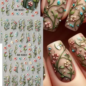 2pcs 5D Embossed Green Vine Leaf Bouquet Nail Stickers - Spring & Summer Floral Design, Fresh Five-Petal Flower Decals for Girls and Women, Self-Adhesive, Single Use, Beauty Tool |   Vibrant Nail Art |   Plastic Nail Stickers