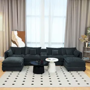 U Shaped Sectional Cloud Sofa Couch for Living Room, 144" Height 20.27" Modern Modular Sofa with 2 Movable Ottoman Chenille Comfy Fluffy 6 Seat Sectional Sofa Set with Console, Cup Holders, Hidden Storage