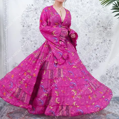 Women's 2-Piece Bohemian Viscose Set - Flowy Tiered Maxi Skirt with Adjustable Elastic Waist, Ruffle Flared Bell Sleeve Wrap Top, Vintage Retro Stevie Nicks Style, Print Design, Fairy Core Summer Plus Size Outfit Womenswear