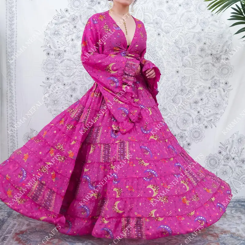 Women's 2-Piece Bohemian Viscose Set - Flowy Tiered Maxi Skirt with Adjustable Elastic Waist, Ruffle Flared Bell Sleeve Wrap Top, Vintage Retro Stevie Nicks Style, Print Design, Fairy Core Summer Plus Size Outfit Womenswear