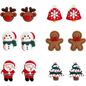 6 Pair Christmas Stud Earrings Cute Polymer Clay Christmas Earrings Set Funny Bow Tree Santa Elk Snowman Gingerbread Holiday Earrings for Resin Christmas Jewelry for Women