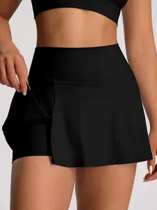 Women's Solid Color High Waist Sports Skort, Sporty Overlap Waist Mini Skirt with Panty, Ladies Sportswear for Tennis Golf Workout