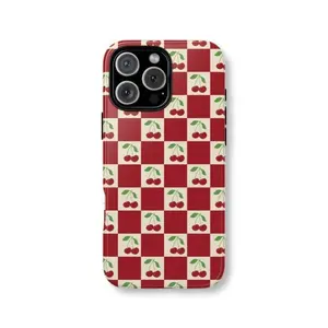 "Red Retro Checkerboard Cherry Phone Case, Cute Fruit Pattern Design, Slim Protective Cover for IPhone 11-17 Series "