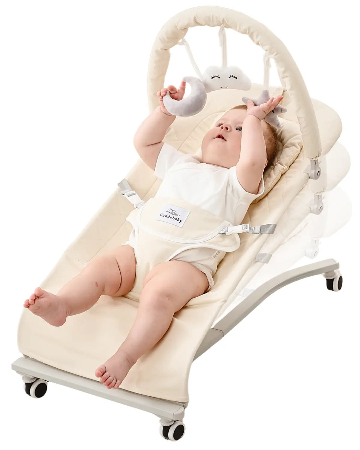 CuddoBaby Baby Bouncer with Wheels | Soft Cushion, Hanging Toys & 3 Recline Levels | 0–12 Months – Beige