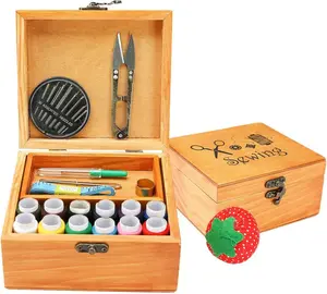 Sewing Kit, Wooden Sewing Kit Box for Adults, Wooden Sewing Basket with Accessories,  Sewing Basket Stitching Repair Kit for Beginner, Women, Men (Brown)