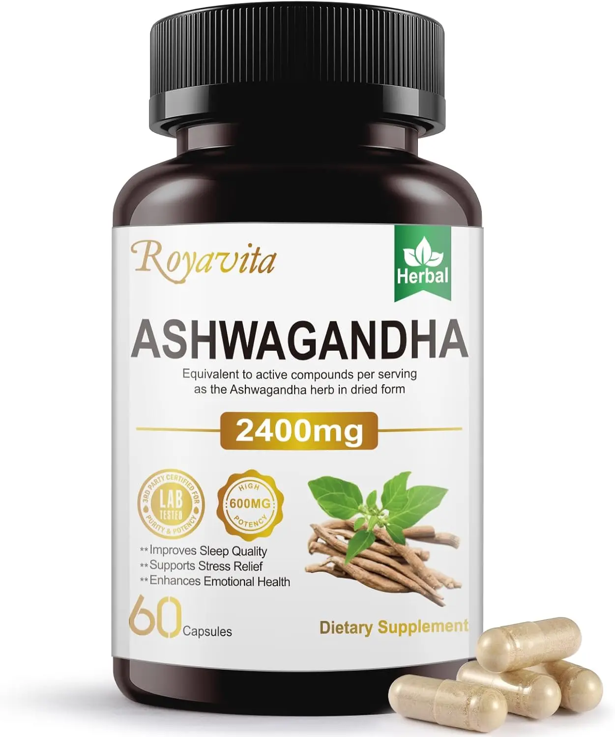 Ashwagandha Supplements 2400mg Organic with Black Pepper Vitamin B12 & B6 for Max Absorption Stress Relief Athletic Performance for Men & Women 60 Capsules