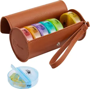 Weekly Pill Organizer 2 Times a Day Large 7 Day Rainbow Pill Box with Brown PU Leather Case Portable Travel Medication Container