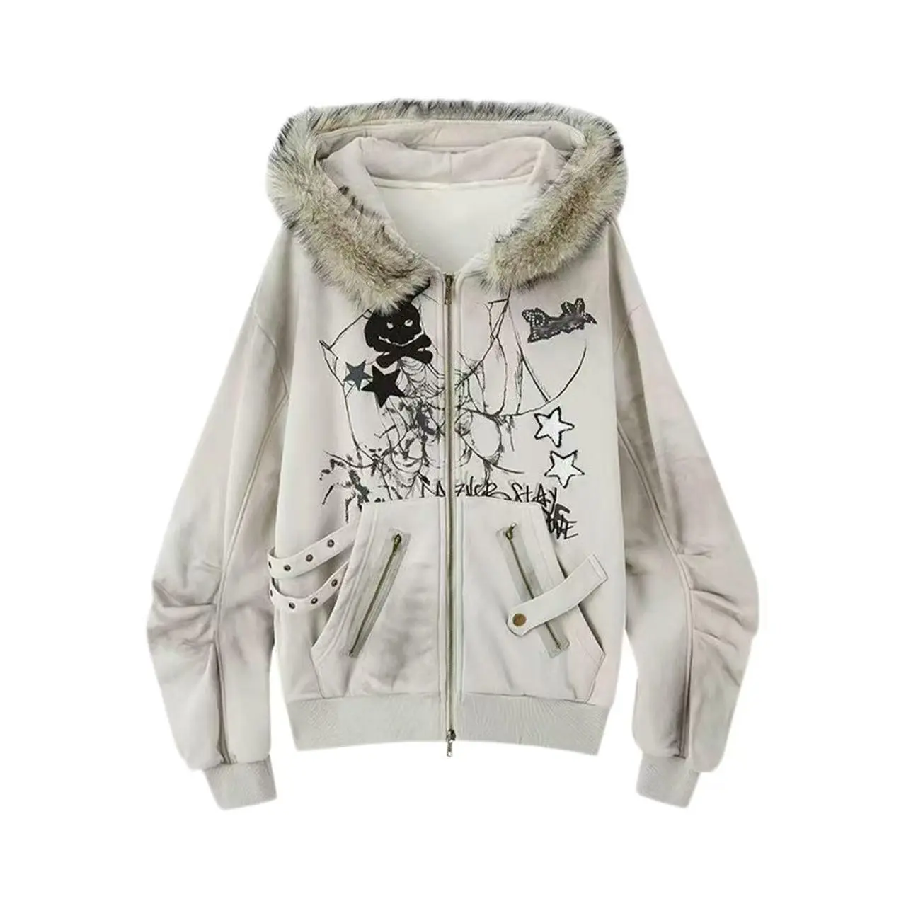 ALIELNOSIRRAH 'Basement Rabbit' Bunny Ears Fur Zip Up Hoodie