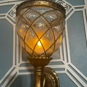 Vintage MCM Brass & Gold Wall Candle Sconces Pair with Rope Design and Frosted Glass Globe