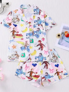 Girls Curious George Cartoon Print Pajama Set, Summer Short Sleeve Collared Shorts Pajamas, Soft Skin-Friendly Home Wear Two-Piece Set, Cute and Fun