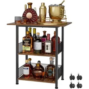 Mobile 3-Tier Bar Cart with Lockable Wheels - Freestanding Wine Rack & Liquor Cabinet for Kitchen, Dining Room, Home Bar in Black
