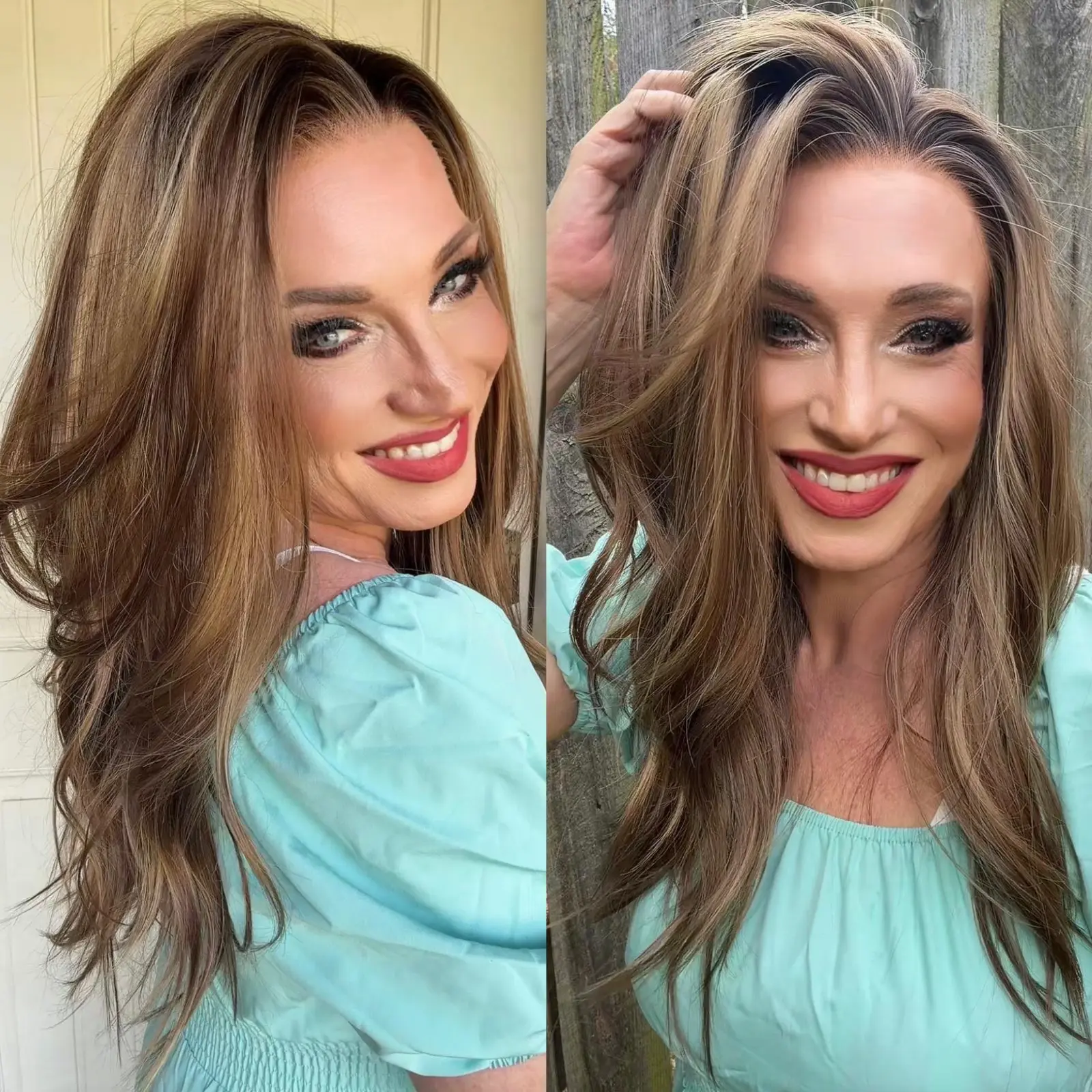 MACA BAKA Sara Ashy Brown Golden Honey Ombre Highlight Lace Front Wig with Scandinavian Hairline Low Density 16 Inches Long Natural Wavy HD Synthetic Lace Front Wigs for Women Pre Plucked