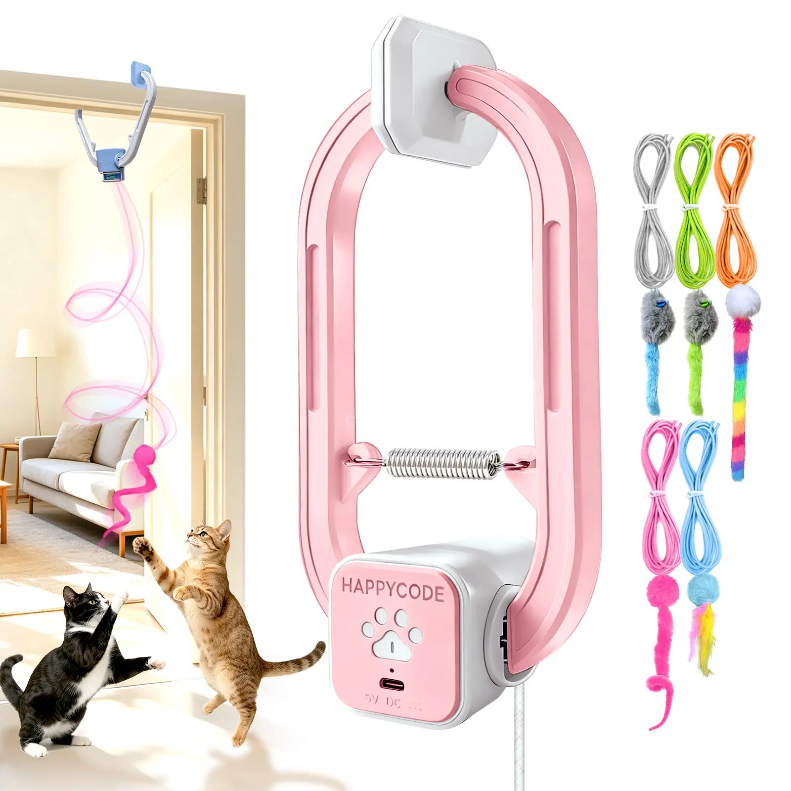 HAPPYCODE Electric Cat Teaser Toy, Rechargeable Door-Mounted Interactive Cat Toy for Indoor Cats, 2 Play Modes, Adjustable String,  Cat Enrichment Toy to Keep Cats Active,International Cat Day,interactive cat toy,viral cat product,#backtoschool