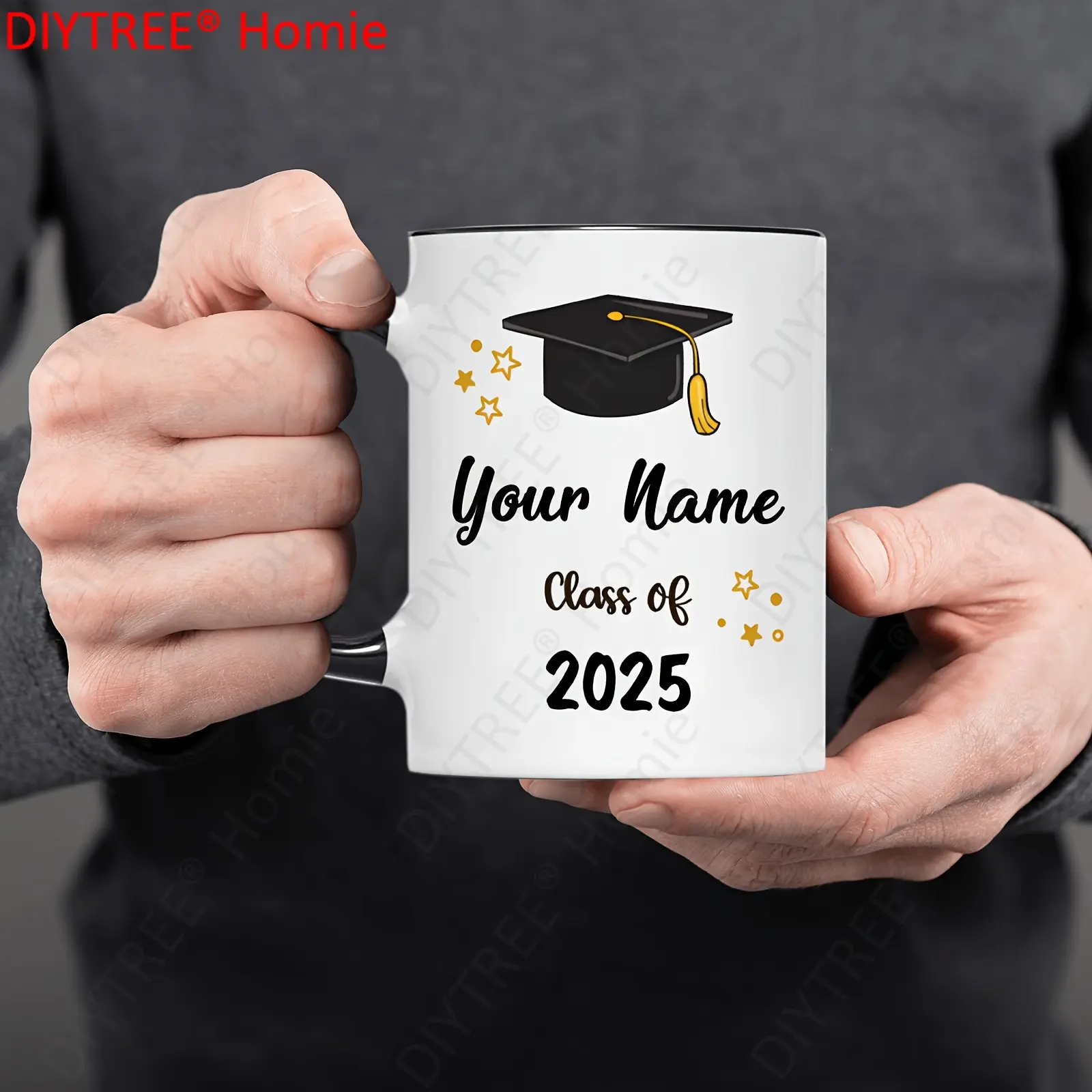 1pc 11oz Personalised Name Printed Graduation Round Mug - Customizable Class of 2025 Reusable Washable Ceramic Coffee Drinkware, No-Assembly Novelty Tea Cup, Ideal for Grad Gifts