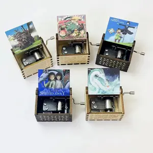 Wooden Decorative Music Box Hand-Cranked Anime Ghibli Lovers Gift Natural Rustic Home Decor Desk Accessory