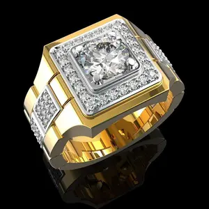 New replica Mossan gemstone watch men's ring Golden-plated two-tone engagement ring Trendy oversized ring